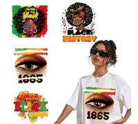 Lot de 4 feuilles d'autocollants de transfert à repasser Juneteenth en vinyle motif léopard noir fille feu d'artifice pour T-shirt, sweats à capuche, décorations à faire soi-même lavables