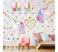 Lot de 4 feuilles d'autocollants muraux licorne - Grande taille - Décoration murale pour chambre d'enfant, fête d'anniversaire