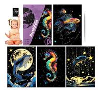 Lot de 4 feuilles de papier à gratter à paillettes faites à la main - Pour enfants, adolescents, adultes, paysages amusants et animaux - Kit de tableau à gratter - Activités artistiques - Giber