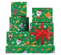 Lot de 4 feuilles de papier cadeau de Noël en forme de chats ludiques portant des chapeaux de Noël et un bonhomme en pain d'épice - Vert - 50,8 x 71,1 cm par feuille - 1,5 m² - Avec ruban métallique