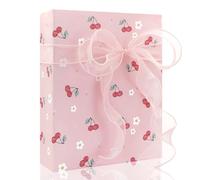 Lot de 4 feuilles de papier cadeau motif cerises, cerises rouges et fleurs blanches en rose pour la fête des mères, un anniversaire, une fête prénatale, une fête à thème hawaïen, une fête à la