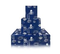 Lot de 4 feuilles de papier cadeau motif pieuvre, méduse, hippocampe, poisson, océan, bleu roi, sous l'eau, vie marine, animal côtier, pour anniversaire, fête prénatale, 4 feuilles pliées à plat, 50 x