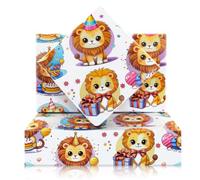Lot de 4 feuilles de papier cadeau motif Simba du Roi Lion avec chapeau d'anniversaire et ballon - 50 x 70 cm - Pour anniversaire, mariage, safari, fête dans la jungle