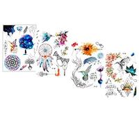 Lot de 4 feuilles de tatouages à fleurs - Motif attrape-rêves - Tatouages oiseaux - Couleur Dream
