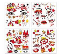 Lot de 4 feuilles de tatouages pour le visage de carnaval de Cologne - Rouge et blanc - Faux tatouages - Costume de carnaval - Pour homme et femme