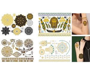 Lot de 4 feuilles de tatouages temporaires dorés Égyptiens Tatouages adhésifs Bracelets Tatouages Plume Tatouage Egypte 4