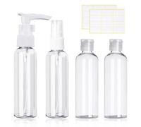 Lot de 4 flacons de voyage transparents de 100 ml, flacons pulvérisateurs, contenants liquides rechargeables pour lotion, gel douche, shampooing avec 2 étiquettes