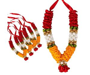Lot de 4 fleurs artificielles rouges et oranges - Ruban de cheveux Mala pour Idol-Mala pour Dieu - Articles traditionnels indiens - Articles Sringar Ornement Festival Holi (taille : - 10,24 cm)
