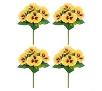 Lot de 4 fleurs de pensées artificielles en soie avec tiges florales décoratives pour vases pour centre de table de mariage, aspect réaliste, fleurs de pensées artificielles en tissu de soie (jaune)