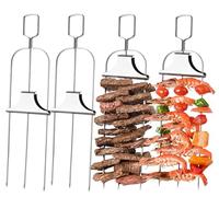 Lot de 4 fourchettes de barbecue triple en acier inoxydable - Fourchette de barbecue de camping en plein air avec outil poussoir, ustensile de barbecue multifonction pour camping et barbecue