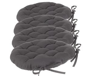 Lot de 4 galettes de chaises Rondes avec Attaches - Diamètre 38 cm -Matelassées & 100% Coton - Coloris Gris Anthracite