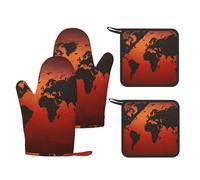 Lot de 4 gants de cuisine en silicone antidérapant avec carte du monde Rouge et marron