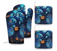 Lot de 4 gants de cuisine et maniques bleus en forme de citrouille d'Halloween résistants à la chaleur et coussinets chauds, gants de cuisine antidérapants pour la cuisine, la pâtisserie, le barbecue