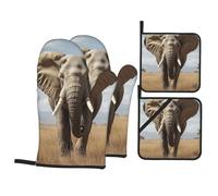 Lot de 4 gants de cuisine et maniques éléphant Prairie avec maniques - Antidérapants - Haute résistance à la chaleur à 500 degrés - Pour barbecue, grill, pâtisserie, cuisine, four, micro-ondes