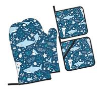 Lot de 4 gants de cuisine et maniques imprimés de poissons bleus mignons et résistants à la chaleur, gants de cuisine modernes et maniques pour la cuisine, la pâtisserie, les grillades