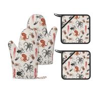 Lot de 4 gants de cuisine et maniques imprimés pieuvre colorés, antidérapants et résistants à la chaleur pour chef cuisinier