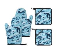 Lot de 4 gants de cuisine et maniques imprimés poissons et pieuvres, antidérapants et résistants à la chaleur pour chef cuisinier