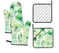 Lot de 4 gants de cuisine et maniques longs résistants à la chaleur de 180 °C - Motif floral vert aquarelle
