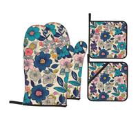 Lot de 4 gants de cuisine et maniques résistants à la chaleur avec imprimé de fleurs, gants de cuisine extra longs et antidérapants pour la cuisine, la pâtisserie, le barbecue