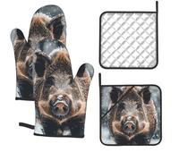 Lot de 4 gants de cuisine et maniques résistants à la chaleur de 180 °C - Gants de cuisine extra longs - Sanglier sauvage - Gants de cuisine antidérapants