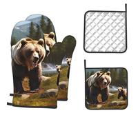Lot de 4 gants de cuisine et maniques résistants à la chaleur pour barbecue, motif ours sauvage, gants de cuisine antidérapants pour la cuisine, la pâtisserie, le barbecue, le micro-ondes