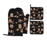 Lot de 4 gants de cuisine résistants à la chaleur avec motifs chouettes et maniques pour barbecue Marron