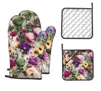 Lot de 4 gants de cuisine résistants à la chaleur pour le jardin, les fleurs sauvages, les barbecues, les fours, les maniques antidérapantes pour la cuisine