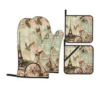 Lot De 4 Gants De Cuisson Affiche Vintage De Paris avec La Tour Eiffel Longs Gants De Cuisine Résistants À La Chaleur Gants Four Maniques Cuisine Set pour Four Cuisson Griller