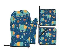 Lot de 4 gants de cuisson de cuisine avec motif éléphant joyeux imprimé épais pratique anti-brûlure isolation thermique pour la cuisine