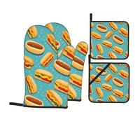 Lot de 4 gants de cuisson de cuisine WHJSSF Fun Food Hot Dogs Imprimés Épais Pratique Anti-brûlure Isolation thermique pour la cuisine
