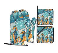 Lot de 4 gants de cuisson de cuisine WHJSSF Ocean Hippocampe Imprimé Épais Pratique Anti-brûlure Isolation thermique pour la cuisine