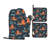 Lot de 4 gants de cuisson de cuisine WHJSSF pieuvre et bateau Imprimé Épais Pratique Anti-brûlure Isolation thermique pour la cuisine