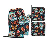 Lot de 4 gants de cuisson de cuisine WHJSSF Sugar Skulls Papillon Imprimé Épais Pratique Anti-brûlure Isolation thermique pour la cuisine