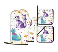 Lot De 4 Gants De Cuisson Papillon À Pois Et Chat Résistants À La Chaleur Gants De Cuisine Longs Gants Four Maniques Cuisine Set pour Griller Micro-Ondes Four