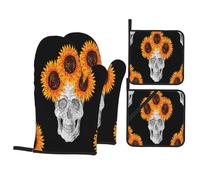 Lot de 4 gants de four pour 4 personnes, motif tête de mort d'Halloween, longs gants résistants à la chaleur et maniques avec poche pour la cuisson, les grillades de cuisine, les protections de