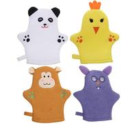Lot de 4 gants de toilette pour bébé adorables animaux exfoliants pour le corps avec ours poussin singe et souris pour le bain et la douche des tout-petits