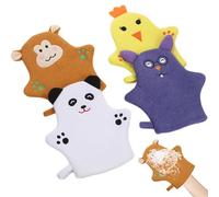 Lot de 4 gants de toilette pour bébé, d'animal mignon, gommage corporel comprenant un ours dessin animé, un poussin, singe, une souris, exfoliant pour bébé, tout-petit, bain et douche