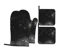 Lot de 4 gants et tapis isolants thermiques imprimés galaxie noir et blanc résistant aux hautes températures pour four, grill, pâtisserie et maniques