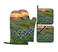 Lot De 4 Gants Four Maniques Cuisine Set Paysages De Bleuets du Texas Flexibles Gants De Cuisson Épais Gants De Cuisine pour Four Micro-Ondes Griller