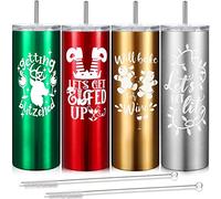 Lot de 4 gobelets de Noël en acier inoxydable à double isolation sous vide pour la famille, les amoureux, les amis, 591 ml avec couvercles, pailles et brosses (style amusant)