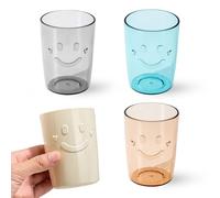 Lot de 4 gobelets de salle de bain avec motif smiley - Porte-brosse à dents incassables en plastique réutilisables de 300 ml pour le brossage, 4 couleurs (beige, bleu, gris, marron)