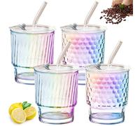 Lot de 4 gobelets en verre nervuré - 350 ml - Rayures verticales - Gobelets à smoothie avec rayures en cristal - Hermétiques et étanches - Pour jus, smoothie, eau, thé