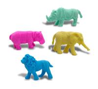 Lot de 4 gommes à effacer pour enfants, animaux du zoo de la savane, artistes récompenses scolaires et bureau, bonbonnières, cadeau pour les fêtes d'anniversaire, lion, éléphant, hippopotame,