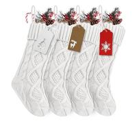 Lot de 4 grandes chaussettes de Noël tricotées extensibles avec 50 étiquettes cadeaux personnalisables pour décoration de Noël en famille (4 pièces, blanc)