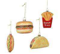 Lot de 4 grandes décorations pour sapin de Noël - Fast Food - Hamburger Hot Dog Taco Pommes - Sapin de Noël - Bijoux décoratifs - Boules originales