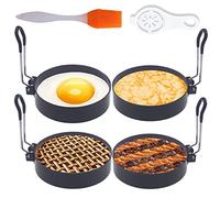 Lot de 4 grands anneaux à œufs de 10,2 cm pour plaque de cuisson, anti-adhésifs, en acier inoxydable, avec 1 brosse à huile et 1 séparateur d'œufs
