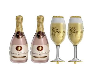 Lot de 4 grands ballons à champagne en forme de bouteille de champagne et gobelet en Mylar pour fête prénuptiale, enterrement de vie de jeune fille, mariage, fiançailles, anniversaire et anniversaire