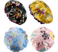 Lot de 4 grands bonnets de douche réutilisables imperméables avec doublure en PEVA double couche élastique en satin lavable pour filles et femmes cheveux longs pour toutes les longueurs de cheveux