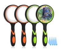 Lot de 4 grosses loupes de lecture 75 mm pour enfants - 10X - Pour personnes âgées en lecture - Loupe grossissante 2 couleurs - Pour enfants et chercheurs - Poignée en caoutchouc souple antidérapante