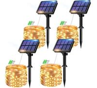 Lot de 4 Guirlande Solaire Exterieur, Totale 32m 320LED Guirlande Lumineuse Exterieure Étanche, 8 Modes Guirlande Extérieure Solaire Décoration pour Jardin Terrasse Cour Noël Mariage Fête, Blanc Chaud